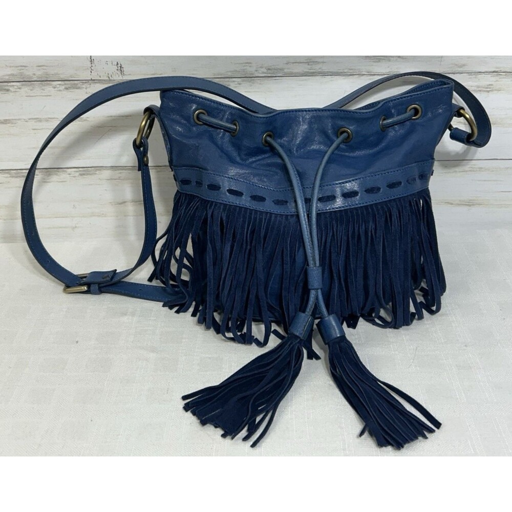 Johnny Was Clothing Co. Italy Italian Blue Leather Fringe Bucket Crossbody Bag